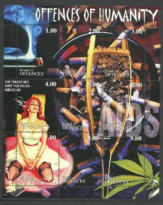 Island of Offences 2000 Offences of Humanity (Smoking, Drugs, Alcohol, Aids) perf sheetlet containing set of 9 values unmounted mint, stamps on smoking, stamps on tobacco, stamps on alcohol, stamps on drink, stamps on drugs, stamps on aids