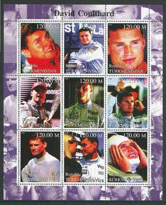 Turkmenistan 2000 Formula 1 (David Coulthard) perf sheetlet containing set of 9 values unmounted mint, stamps on motorsport, stamps on racing cars, stamps on  f1 , stamps on formula 1, stamps on cars, stamps on scots, stamps on scotland