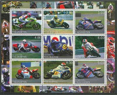 Tadjikistan 2000 Racing Motor Cycles perf sheetlet containing set of 9 values unmounted mint, stamps on motorbikes, stamps on  oil , stamps on 