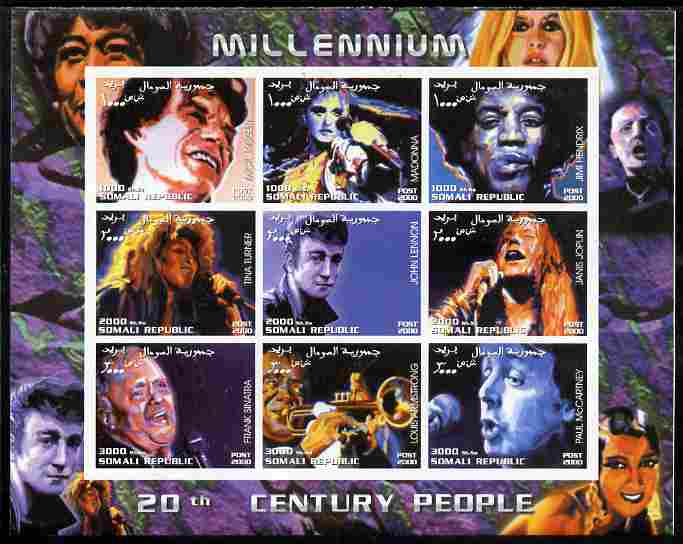 Somalia 2000 Millennium - 20th Century People #2 imperf sheetlet containing set of 9 values unmounted mint. Note this item is privately produced and is offered purely on ..., stamps on personalities, stamps on music, stamps on sinatra, stamps on jazz, stamps on beatles, stamps on stones, stamps on hendrix, stamps on 