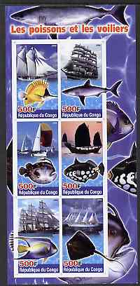 Congo 2004 Fish & Sailing Ships imperf sheetlet containing 6 values unmounted mint, stamps on , stamps on  stamps on fish, stamps on  stamps on ships