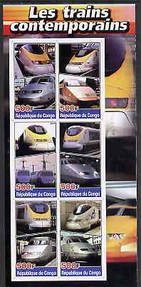 Congo 2004 Modern Trains imperf sheetlet containing 6 values unmounted mint, stamps on railways