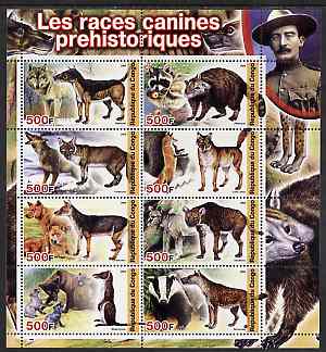 Congo 2004 Prehistoric Dogs perf sheetlet containing 8 values (with Baden Powell in margin) unmounted mint, stamps on dinosaurs, stamps on scouts, stamps on dogs, stamps on wolves, stamps on badgers, stamps on foxes