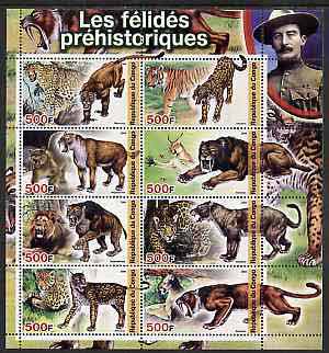 Congo 2004 Prehistoric Cats perf sheetlet containing 8 values (with Baden Powell in margin) unmounted mint, stamps on dinosaurs, stamps on scouts, stamps on cats, stamps on lions, stamps on tigers, stamps on 
