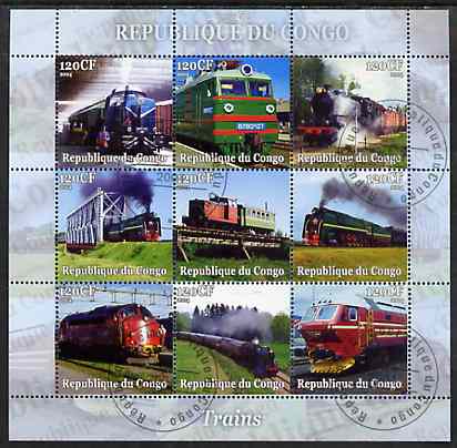 Congo 2004 Trains perf sheetlet containing set of 9 values fine cto used, stamps on railways