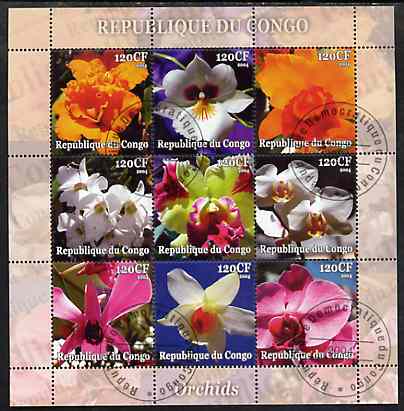 Congo 2004 Orchids perf sheetlet containing set of 9 values fine cto used, stamps on flowers, stamps on orchids