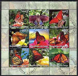 Congo 2004 Butterflies perf sheetlet containing set of 9 values fine cto used, stamps on butterflies