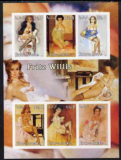 Eritrea 2003 Fantasy Art by Fritz Willis (Pin-ups) imperf sheet containing 6 values, unmounted mint, stamps on arts, stamps on women, stamps on nudes, stamps on fantasy