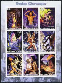Benin 2002 Fantasy Art by Dorian Cleavenger (Pin-ups) imperf sheet containing 9 values, unmounted mint, stamps on arts, stamps on women, stamps on nudes, stamps on fantasy
