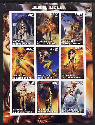 Ivory Coast 2003 Fantasy Art by Julie Bell (Pin-ups) imperf sheet containing 9 values, unmounted mint, stamps on arts, stamps on women, stamps on nudes, stamps on fantasy