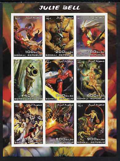 Somalia 2003 Fantasy Art by Julie Bell imperf sheetlet containing 9 values unmounted mint, stamps on arts, stamps on women, stamps on nudes, stamps on fantasy