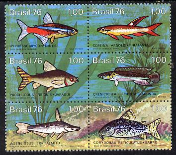 Brazil 1976 Freshwater Fish se-tenat block of 6 unmounted mint SG 1613-18, stamps on fish, stamps on marine life