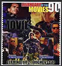 Turkmenistan 2002 Legendary Movies of the '90's - Terminator 2, large imperf sheetlet containing 2 values unmounted mint, stamps on films, stamps on cinema, stamps on personalities, stamps on entertainments, stamps on motorbikes