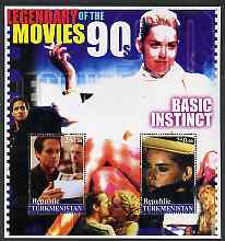Turkmenistan 2002 Legendary Movies of the '90's - Basic Instinct, large perf sheetlet containing 2 values unmounted mint, stamps on films, stamps on cinema, stamps on personalities, stamps on entertainments, stamps on 