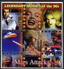 Tadjikistan 2002 Legendary Movies of the '90's - Mars Attacks, large perf sheetlet containing 1 value unmounted mint (also shows Marilyn Monroe) unmounted mint, stamps on films, stamps on cinema, stamps on movies, stamps on personalities, stamps on entertainments, stamps on marilyn, stamps on marilyn monroe