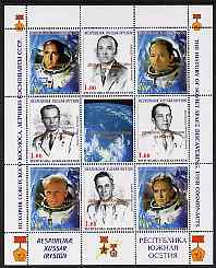 South Ossetia Republic 1999 History of USSR Space Discoveries #04 perf sheetlet containing 8 values plus label overprinted for Astronauts Day in gold, unmounted mint , stamps on space, stamps on medals