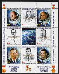 South Ossetia Republic 1999 History of USSR Space Discoveries #08 perf sheetlet containing 8 values plus label overprinted for Astronauts Day in gold, unmounted mint , stamps on space, stamps on medals
