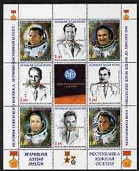 South Ossetia Republic 1999 History of USSR Space Discoveries #09 perf sheetlet containing 8 values plus label overprinted for Astronauts Day in gold, unmounted mint , stamps on space, stamps on medals