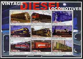 Somalia 2002 Diesel Locomotives #2 perf sheetlet containing set of 9 values unmounted mint, stamps on railways
