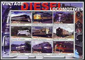 Somalia 2002 Diesel Locomotives #3 perf sheetlet containing set of 9 values unmounted mint, stamps on , stamps on  stamps on railways