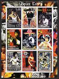 Tadjikistan 2001 Bruce Lee imperf sheetlet containing set of 9 values unmounted mint, stamps on , stamps on  stamps on films, stamps on  stamps on cinema, stamps on  stamps on movies, stamps on  stamps on entertainments, stamps on  stamps on personalities, stamps on  stamps on martial arts, stamps on  stamps on 
