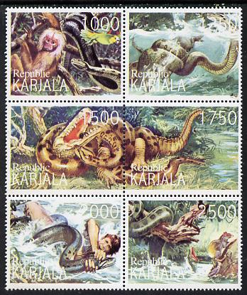 Karjala Republic 1999 Snakes perf sheetlet containing complete set of 6 unmounted mint, stamps on , stamps on  stamps on animals, stamps on  stamps on reptiles, stamps on  stamps on snakes, stamps on  stamps on apes, stamps on  stamps on crocodiles