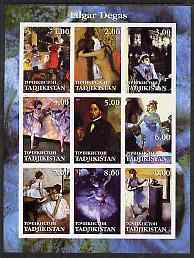 Tadjikistan 2001 Edgar Degas imperf sheetlet containing 9 values unmounted mint, stamps on arts, stamps on degas, stamps on dancing