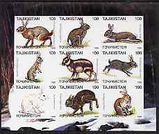 Tadjikistan 1999 Rabbits imperf sheetlet containing 9 values unmounted mint, stamps on animals, stamps on rabbits