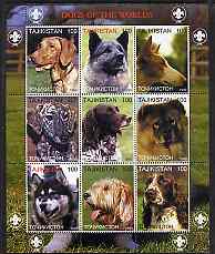 Tadjikistan 1999 Dogs of the World perf sheetlet containing 9 values (Scout Logo in margins) unmounted mint, stamps on dogs, stamps on scouts