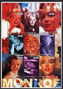 Uzbekistan 2002 Marilyn Monroe #2 perf sheetlet containing set of 9 values unmounted mint (Inscribed Marilyn), stamps on films, stamps on cinema, stamps on entertainments, stamps on music, stamps on personalities, stamps on marilyn monroe