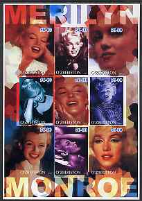 Uzbekistan 2002 Marilyn Monroe #2 imperf sheetlet containing set of 9 values unmounted mint (Inscribed Merilyn), stamps on films, stamps on cinema, stamps on entertainments, stamps on music, stamps on personalities, stamps on marilyn monroe