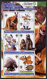 Congo 2005 The Nature Conservancy  Walt Disney Characters & Animals #1 perf sheetlet containing 6 values each with Scout Logo unmounted mint, stamps on , stamps on  stamps on films, stamps on  stamps on disney, stamps on  stamps on cartoons, stamps on  stamps on animals, stamps on  stamps on scouts, stamps on  stamps on apes, stamps on  stamps on kangaroos