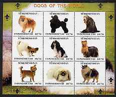 Turkmenistan 2000 ? Dogs of the World perf sheetlet containing 9 values with Scout logo in margins unmounted mint, stamps on dogs, stamps on scouts