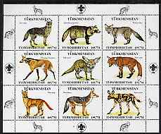 Turkmenistan 2000 ? Wild Dogs perf sheetlet containing 9 values with Scout logo in margins unmounted mint, stamps on dogs, stamps on scouts
