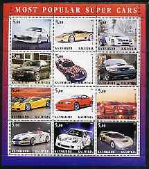 Kalmikia Republic 2001 Most Popular Super Cars perf sheetlet containing 12 values unmounted mint, stamps on cars