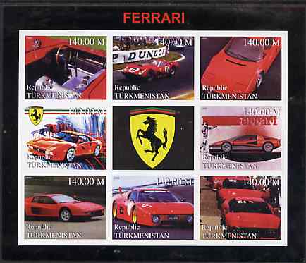 Turkmenistan 1999 Ferrari imperf sheetlet containing set of 8 values plus label unmounted mint, stamps on racing cars, stamps on ferrari, stamps on cars, stamps on vets