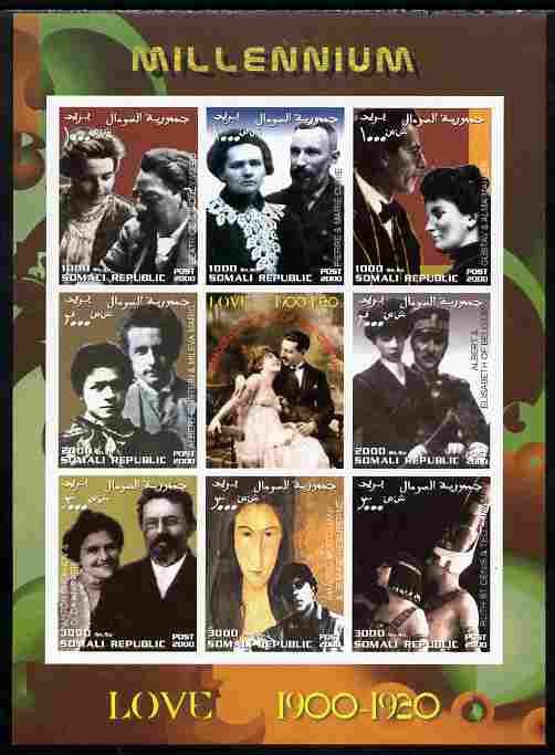 Somalia 2000 Love 1900-20 (Personalities) imperf sheetlet containing set of 8 values plus label unmounted mint. Note this item is privately produced and is offered purely..., stamps on personalities, stamps on women, stamps on films, stamps on cinenma, stamps on movies, stamps on einstein, stamps on science, stamps on physics, stamps on nobel, stamps on maths, stamps on space, stamps on judaica, stamps on atomics, stamps on mathematics, stamps on composers, stamps on mahla
