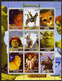 Congo 2004 Shrek 2 perf sheetlet containing 9 values unmounted mint, stamps on entertainments, stamps on films, stamps on cinema, stamps on cartoons