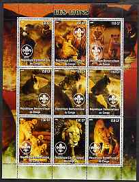 Congo 2004 Lions perf sheetlet containing 9 values each with Scout Logo unmounted mint, stamps on , stamps on  stamps on animals, stamps on  stamps on cats, stamps on  stamps on lions, stamps on  stamps on scouts