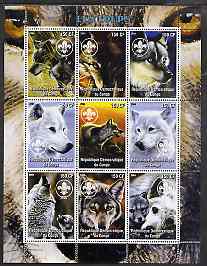 Congo 2004 Wolves perf sheetlet containing 9 values each with Scout Logo unmounted mint, stamps on animals, stamps on dogs, stamps on wolves, stamps on scouts