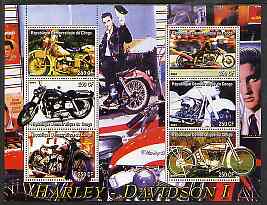 Congo 2004 Harley Davidson #1 perf sheetlet containing 6 values (with Elvis in background) unmounted mint, stamps on motorbikes, stamps on elvis, stamps on music, stamps on personalities