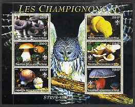 Congo 2004 Mushrooms #2 perf sheetlet containing 6 values each with Scout Logo and Barred Owl in background, unmounted mint, stamps on fungi, stamps on scouts, stamps on owls, stamps on birds, stamps on birds of prey, stamps on 