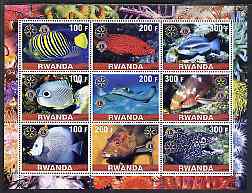 Rwanda 2001 Exotic Fish perf sheetlet containing 9 values each with Rotary & Lions International Logos, unmounted mint, stamps on fish, stamps on marine life, stamps on rotary, stamps on lions int
