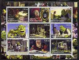 Turkmenistan 2001 Shrek perf sheetlet containing 9 values unmounted mint, stamps on entertainments, stamps on films, stamps on cinema, stamps on cartoons