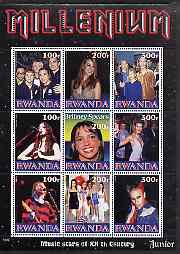Rwanda 1999 Millennium - Music Stars of the 20th Century (Junior) perf sheetlet containing 9 values unmounted mint, stamps on millennium, stamps on personalities, stamps on entertainments, stamps on music