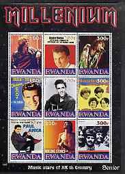 Rwanda 1999 Millennium - Music Stars of the 20th Century (Senior) perf sheetlet containing 9 values unmounted mint, stamps on millennium, stamps on personalities, stamps on entertainments, stamps on music, stamps on elvis, stamps on beatles, stamps on rock
