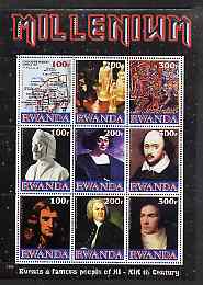 Rwanda 1999 Millennium - Events & Famous People of 11th to 19th Centuries perf sheetlet containing 9 values unmounted mint, stamps on millennium, stamps on personalities, stamps on maps, stamps on chess, stamps on shakespeare, stamps on literature, stamps on composers, stamps on music, stamps on bach, stamps on columbus, stamps on explorers, stamps on newton, stamps on beethoven, stamps on personalities, stamps on beethoven, stamps on opera, stamps on music, stamps on composers, stamps on deaf, stamps on disabled, stamps on masonry, stamps on masonics