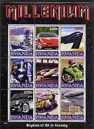 Rwanda 1999 Millennium - Engines of the 20th Century perf sheetlet containing 9 values unmounted mint, stamps on , stamps on  stamps on millennium, stamps on  stamps on ships, stamps on  stamps on cars, stamps on  stamps on trucks, stamps on  stamps on motorbikes, stamps on  stamps on helicopters, stamps on  stamps on aviation, stamps on  stamps on airships, stamps on  stamps on railways