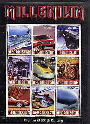 Afghanistan 1999 Millennium - Engines of the 20th Century perf sheetlet containing 9 values unmounted mint, stamps on millennium, stamps on ships, stamps on cars, stamps on trucks, stamps on motorbikes, stamps on helicopters, stamps on aviation, stamps on airships, stamps on railways, stamps on flat tops