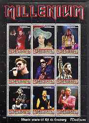 Afghanistan 1999 Millennium - Music Stars of the 20th Century (Medium) perf sheetlet containing 9 values unmounted mint, stamps on millennium, stamps on personalities, stamps on entertainments, stamps on music